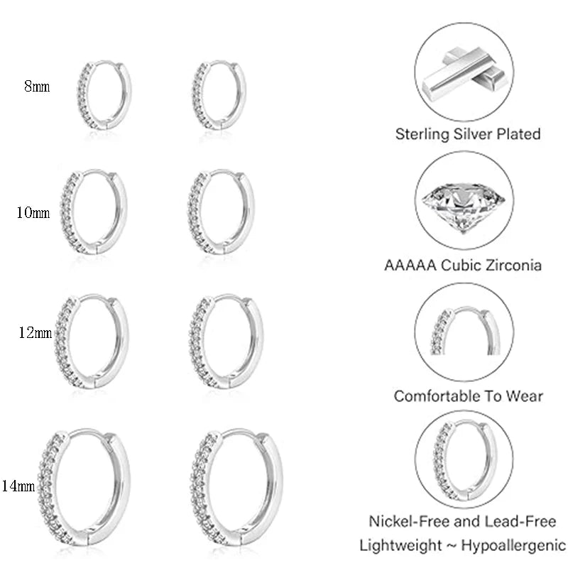 4 Pairs Small 925 Silver Plated Hoop Earrings Set
