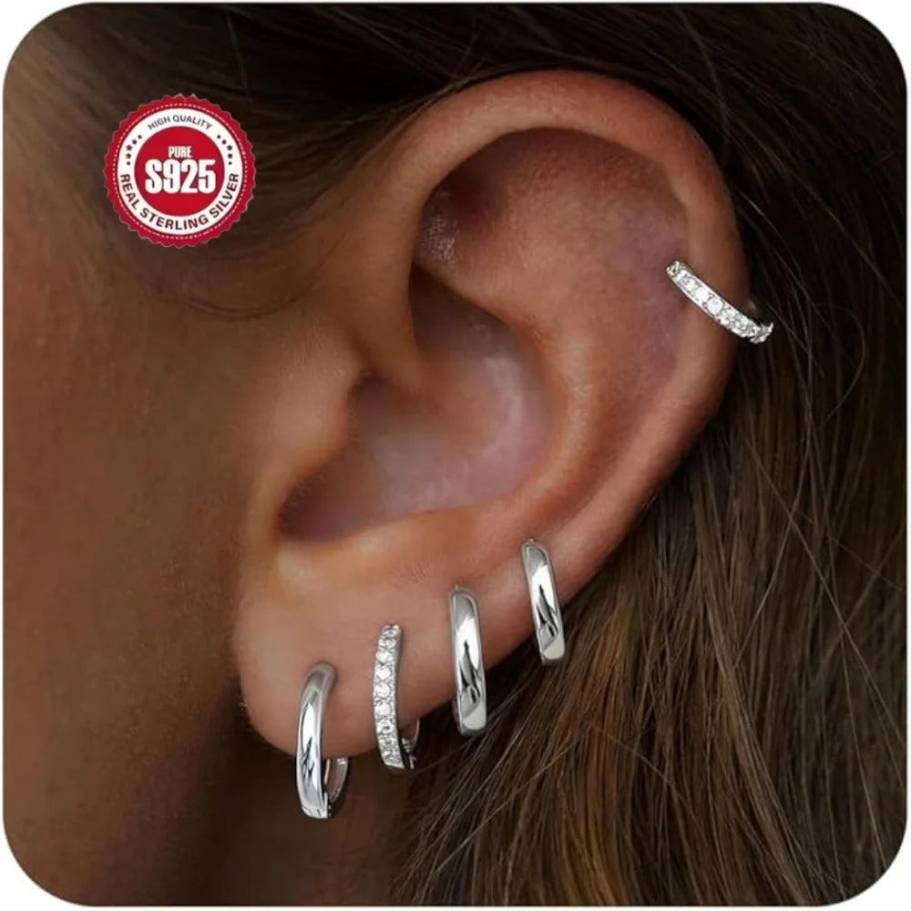 5 Pairs 925 Silver Plated CZ Hoop Earrings Set