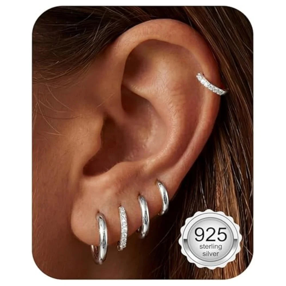 5 Pairs 925 Silver Plated CZ Hoop Earrings Set